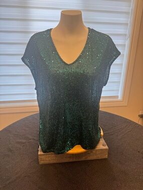 Green Sequin V-Neck Cap Sleeve Top C